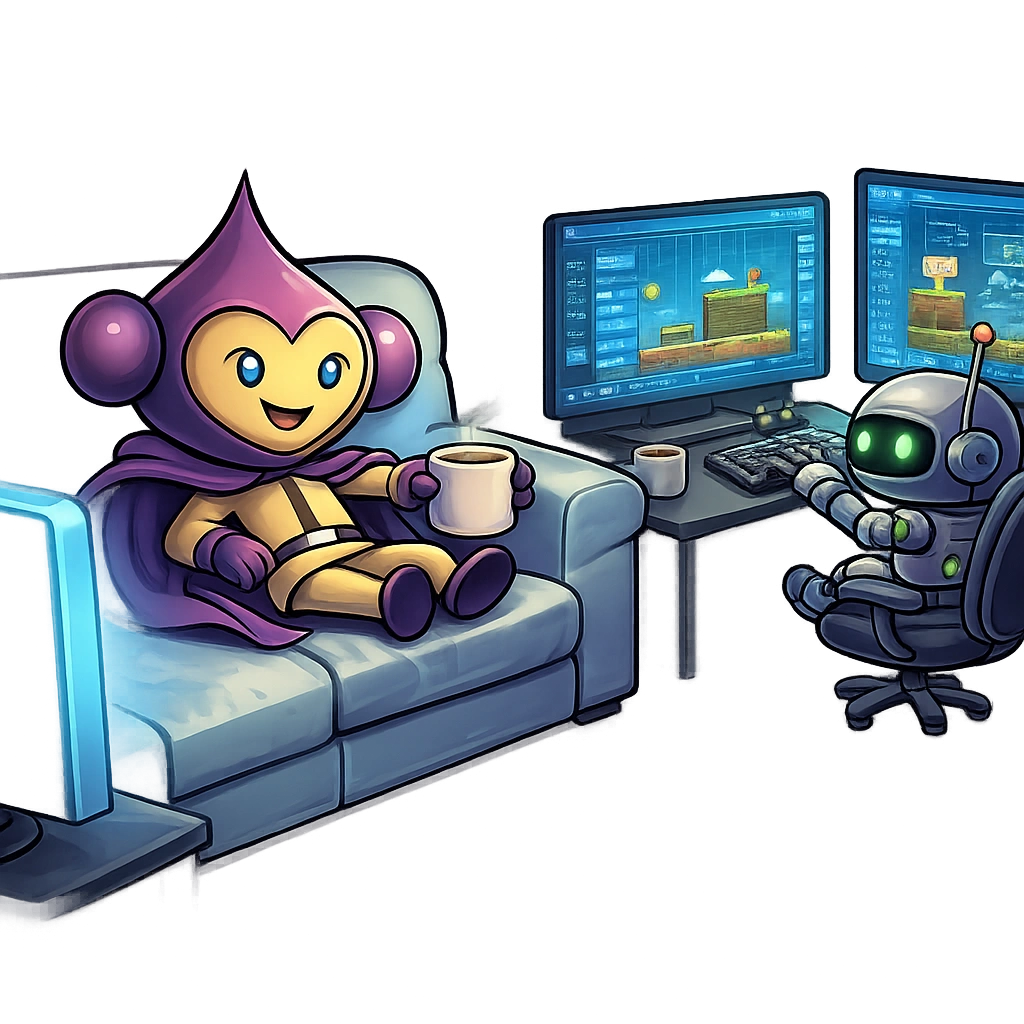 A mascot relaxing while an agent builds the game